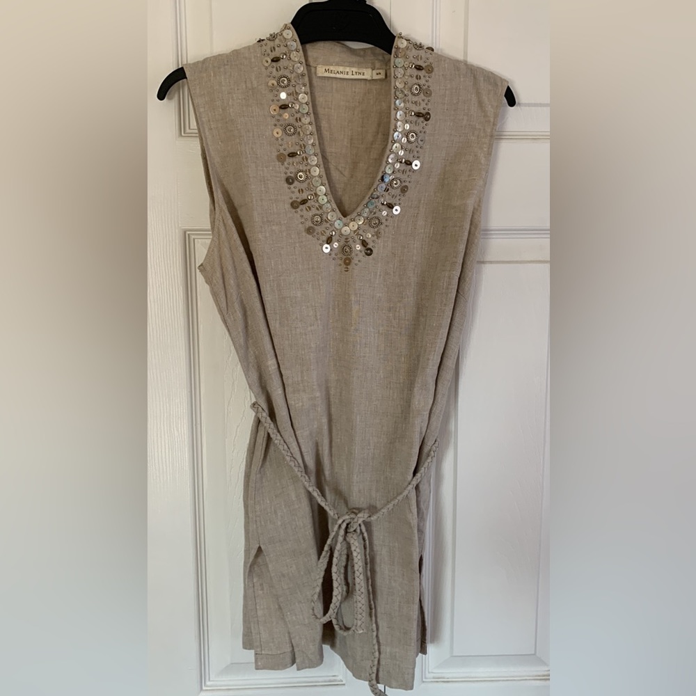 MELANIE LYNE 100% Linen Sleeveless V-Neck tunic Top, size Medium